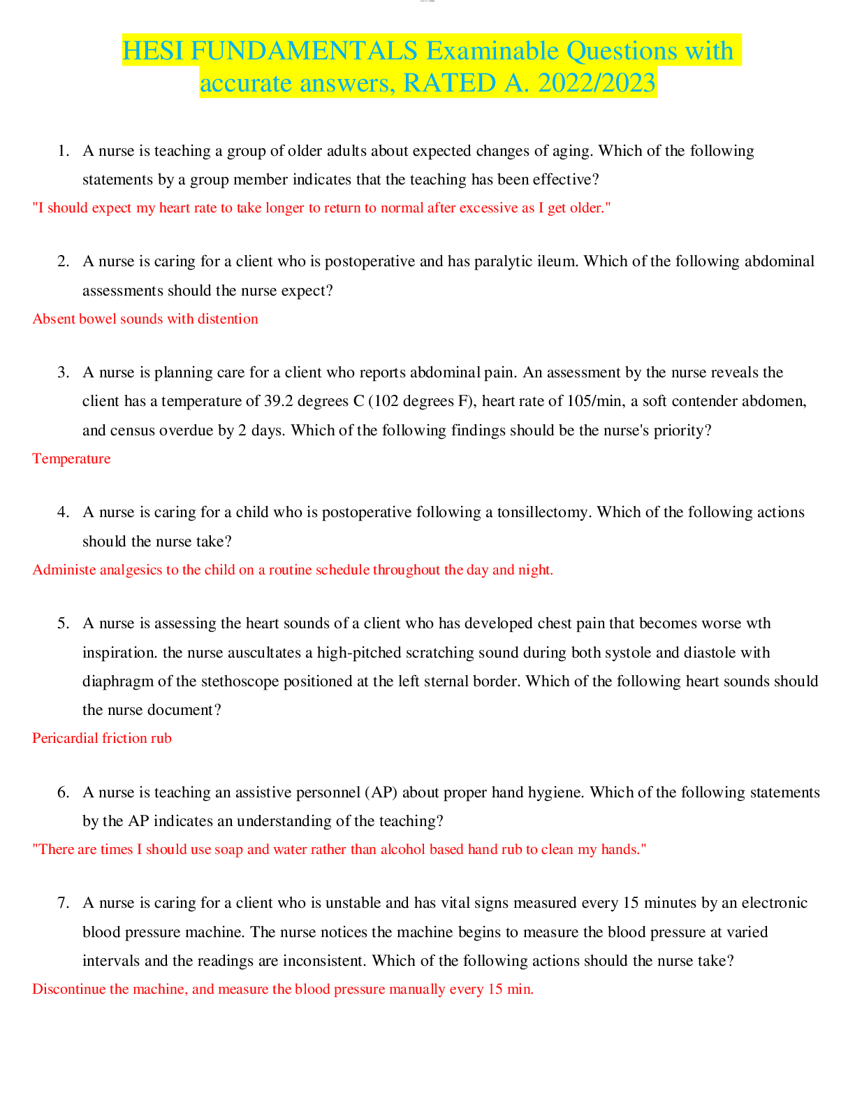 Preview image for HESI FUNDAMENTALS Examinable Questions with accurate answers, RATED A. 2022/2023